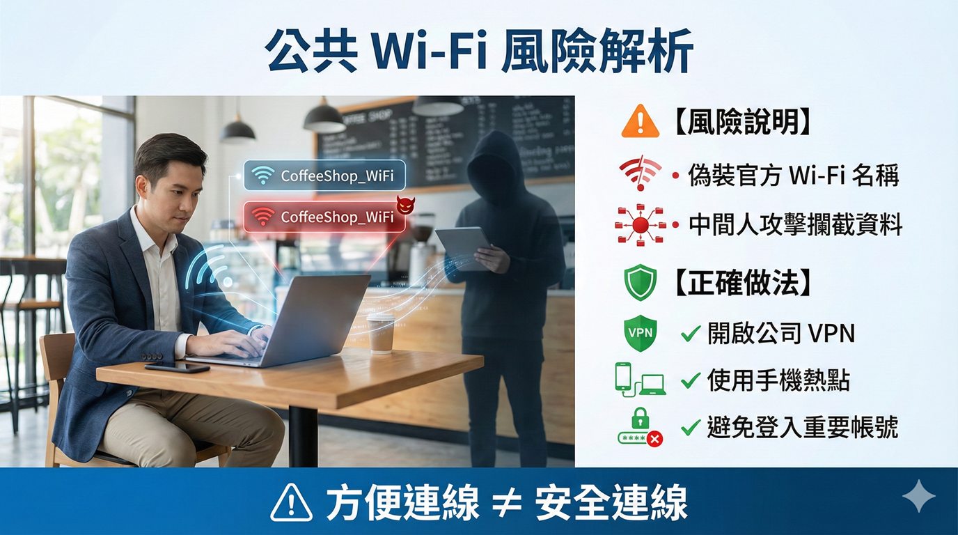 公共 Wi-Fi 風險解析資安宣導圖