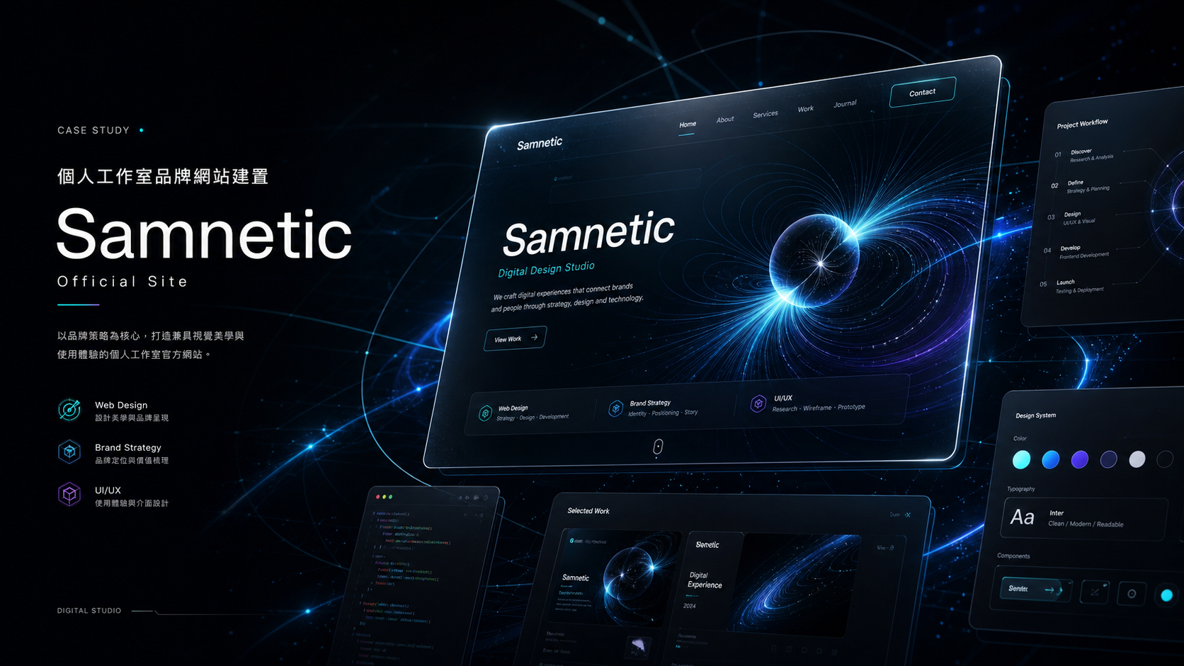 Samnetic Official Site 案例代表視覺圖,呈現深色磁場科技風網站介面與品牌案例資訊